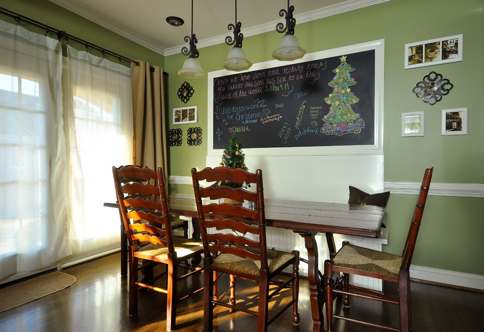 Inspiration for a mid-sized transitional l-shaped dark wood floor kitchen/dining room combo remodel with a farmhouse sink, raised-panel cabinets, white cabinets, granite countertops, multicolored backsplash, mosaic tile backsplash, stainless steel appliances, an island and green walls