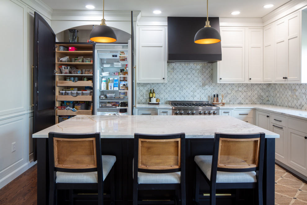 Example of a mid-sized trendy kitchen design in Cincinnati with flat-panel cabinets, white cabinets, marble countertops, white backsplash, stainless steel appliances, an island and white countertops