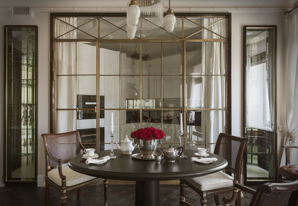 Photo of a transitional dining room in Moscow with white walls, dark hardwood floors and brown floor.