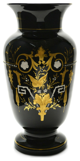 Consigned Dark Purple Blown Glass Vase w/ Gilded Decoration, English Victorian,