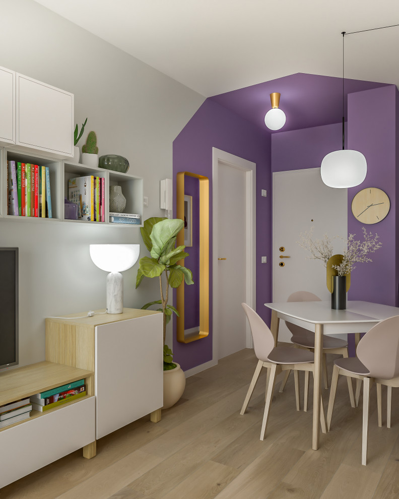 This is an example of a small contemporary foyer in Milan with purple walls, vinyl floors and a white front door.