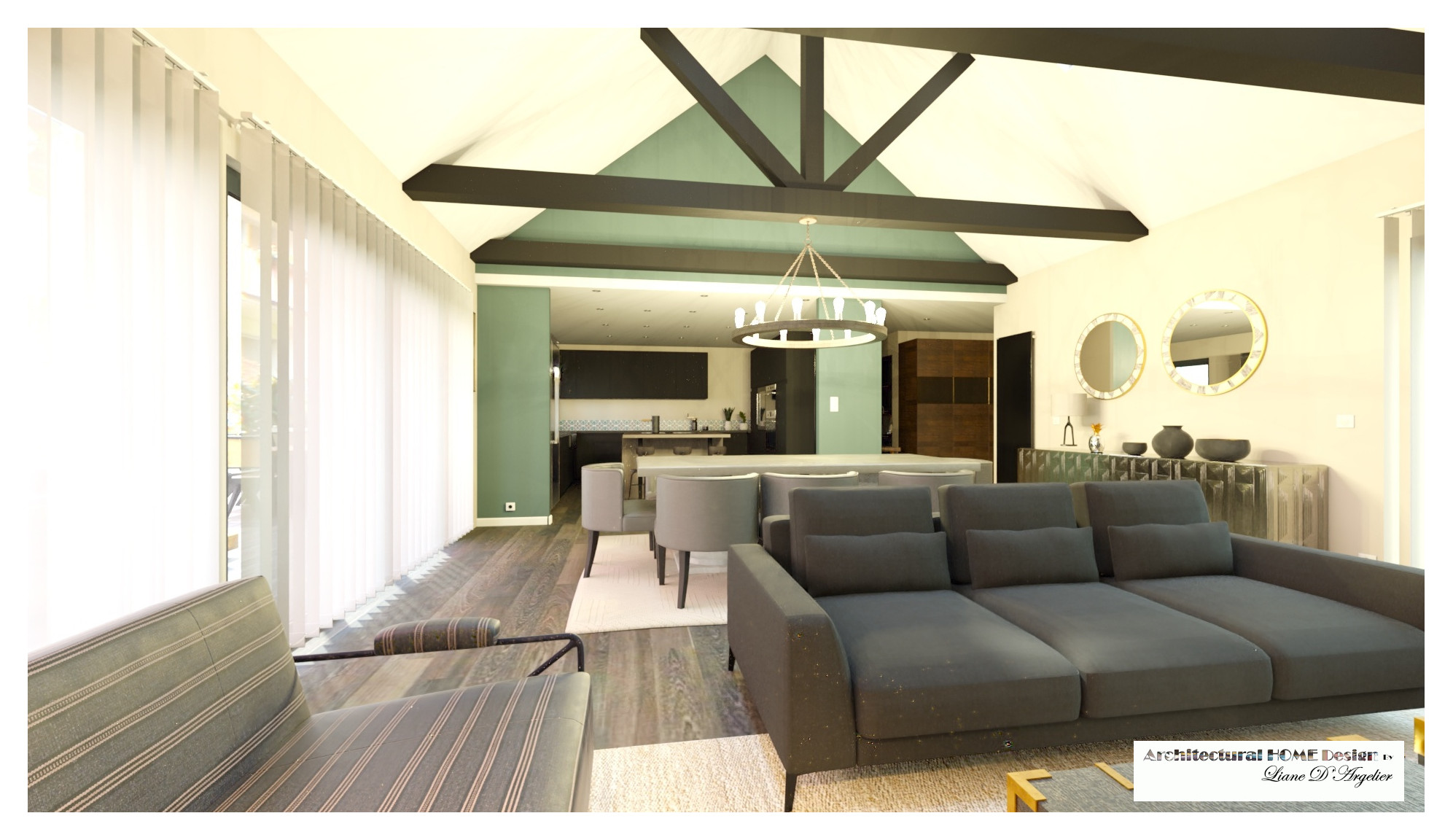 Salon rénové de 48 m² avec ferme de toit