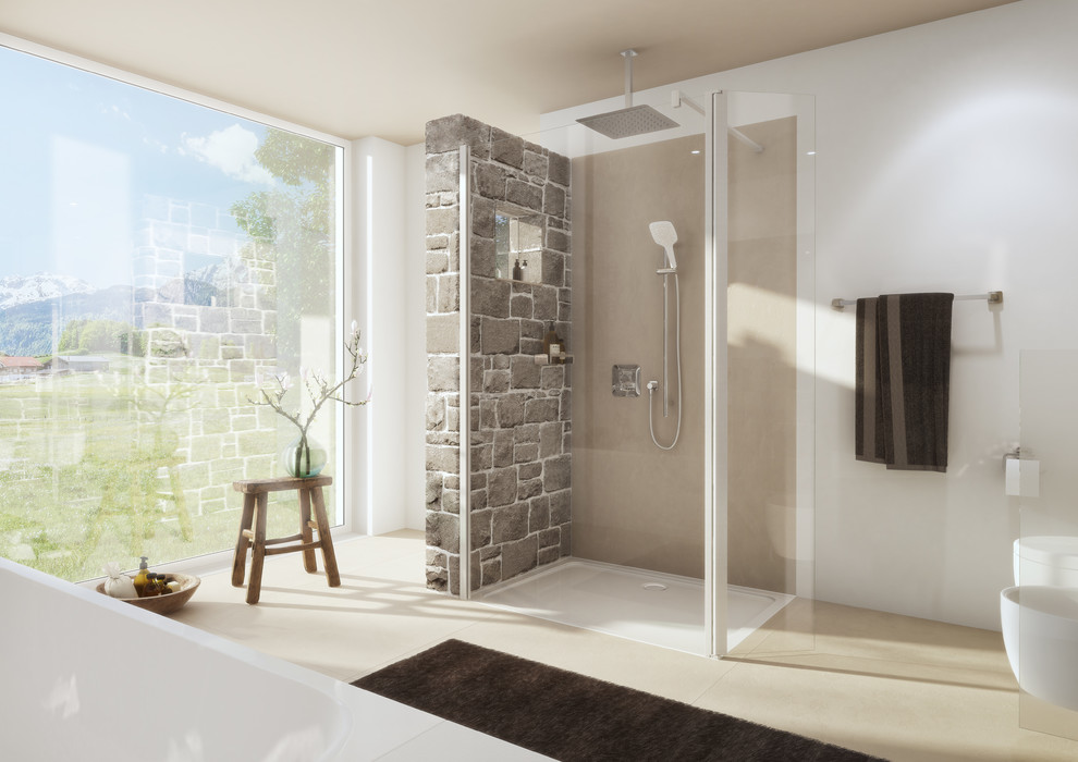 Photo of an expansive contemporary bathroom in Hanover with flat-panel cabinets, a drop-in tub, a curbless shower, a bidet, white walls, ceramic floors, an integrated sink, beige floor and an open shower.