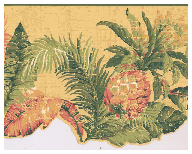 Prepasted Wallpaper Border Distressed Pineapple Tropical Plants Scalloped Tropical Wallpaper By Euro Home Decor