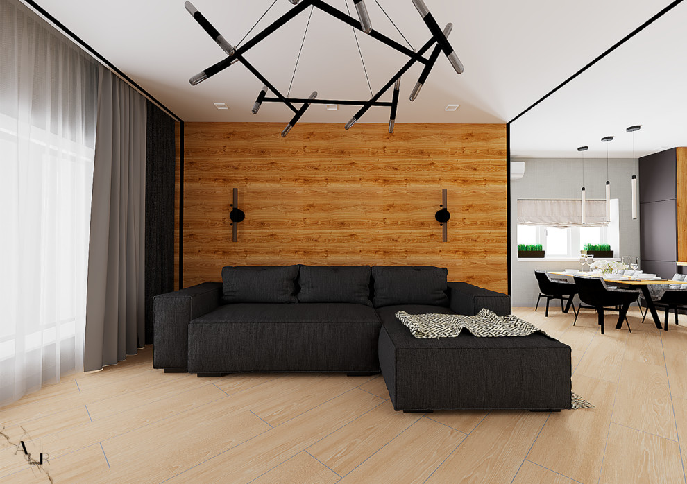 Дизайн-проект кухни-гостиной в каркасном доме