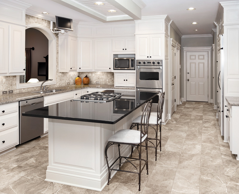 Inspiration for a mid-sized transitional u-shaped porcelain tile and beige floor open concept kitchen remodel in Calgary with a double-bowl sink, raised-panel cabinets, white cabinets, granite countertops, beige backsplash, stainless steel appliances and an island