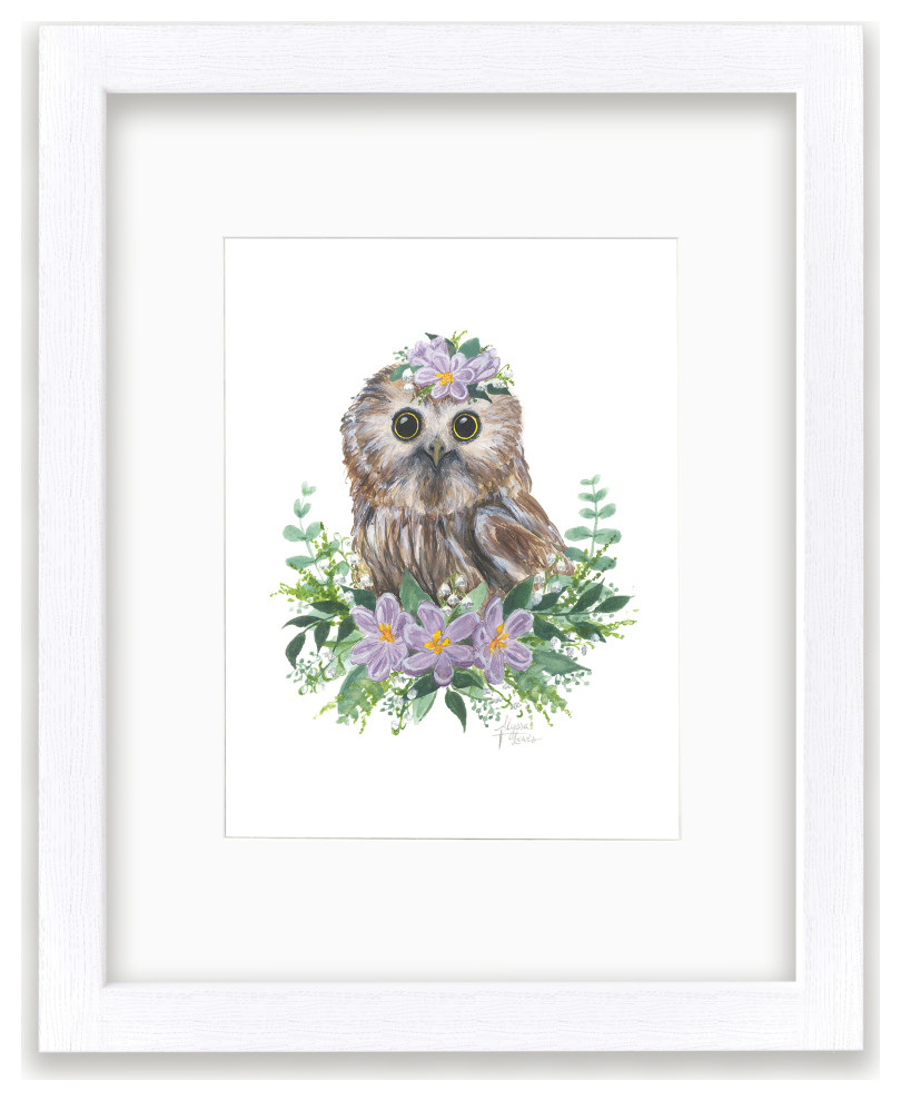 "Woodland Littles 1" Owl Individual Framed Print, With Mat, White, 16"x20"