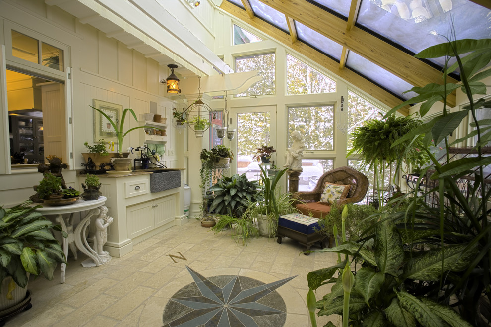 Medium sized traditional conservatory in Other with no fireplace, a glass ceiling, limestone flooring and beige floors.