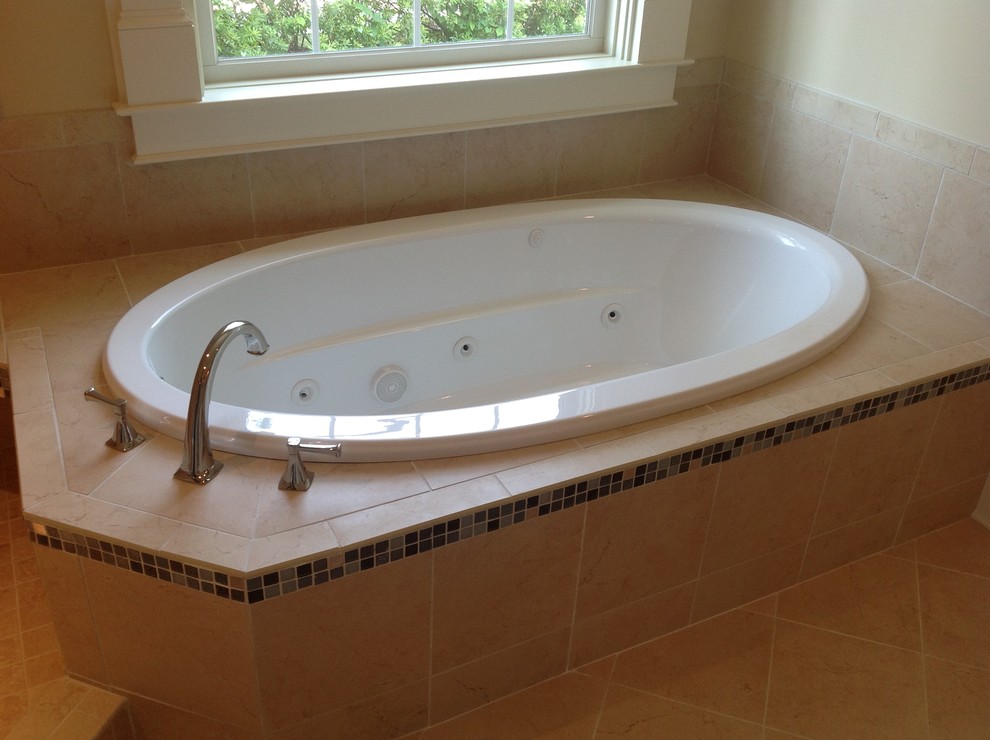 Inspiration for a large traditional master bathroom in Other with a drop-in tub, an open shower and an open shower.
