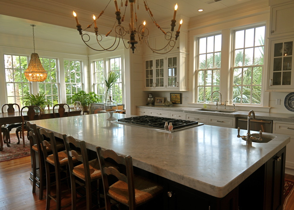 Eat-in kitchen - traditional eat-in kitchen idea in Charleston with glass-front cabinets, a double-bowl sink, white cabinets and marble countertops