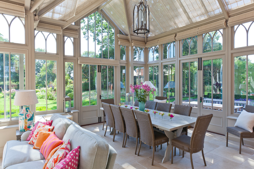 Design ideas for a large traditional sunroom in Other with a skylight and grey floor.