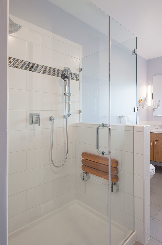 Design ideas for a mid-sized beach style master bathroom in San Francisco with an undermount sink, flat-panel cabinets, medium wood cabinets, engineered quartz benchtops, an open shower, a two-piece toilet, blue tile, porcelain tile, purple walls and porcelain floors.