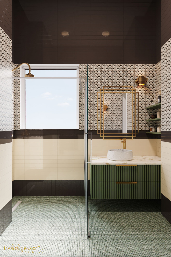 Idéer för ett nordiskt badrum, med gröna skåp, en kantlös dusch, en vägghängd toalettstol, svart kakel, mosaik, vita väggar, mosaikgolv, ett nedsänkt handfat och grönt golv