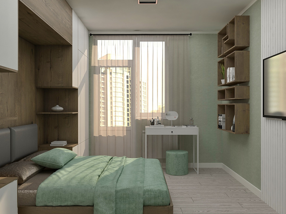 Спальня с системой хранения в изголовье кровати