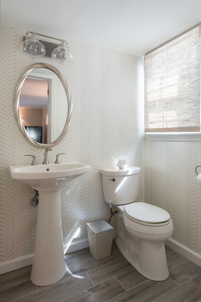Inspiration for a small transitional 3/4 porcelain tile bathroom remodel in Philadelphia with open cabinets, a two-piece toilet, a pedestal sink and multicolored walls
