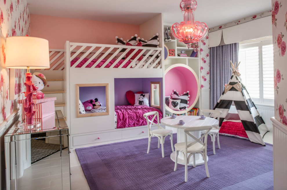 Large traditional kids' bedroom in Las Vegas with multi-coloured walls and porcelain floors for kids 4-10 years old and girls.