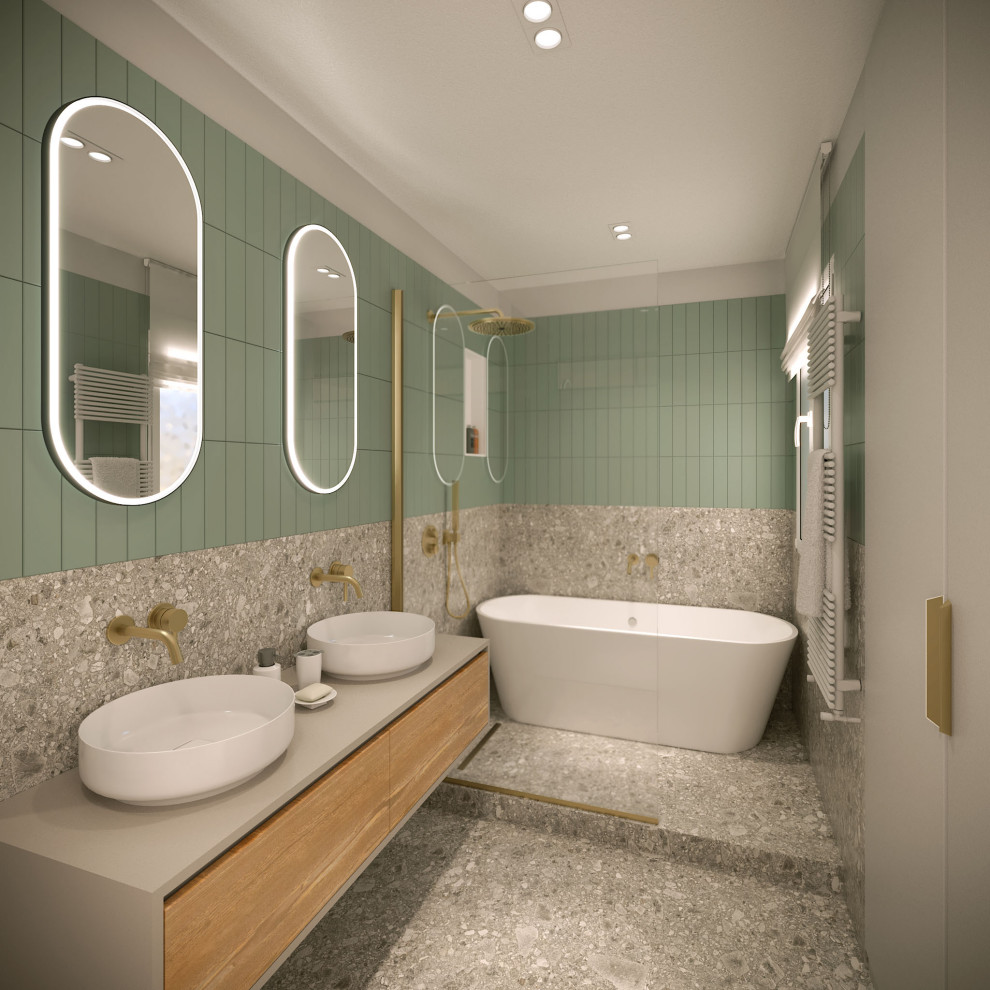 Пример оригинального дизайна: главная ванная комната среднего размера в современном стиле с плоскими фасадами, серыми фасадами, накладной ванной, душем без бортиков, зеленой плиткой, керамической плиткой, зелеными стенами, полом из терраццо, настольной раковиной, серым полом, открытым душем, серой столешницей, тумбой под две раковины и встроенной тумбой
