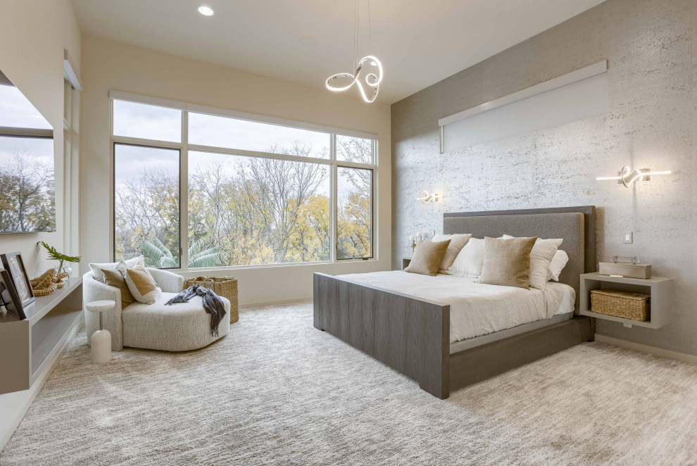 Photo of a contemporary master bedroom in Omaha with carpet.