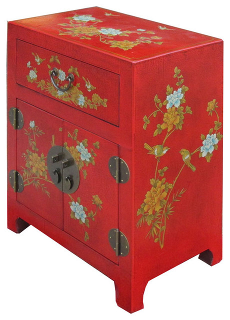 Chinese Red Leather Surface Flower Bird Motif Nightstand End Table