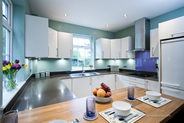 White Kitchen Dark Worktops With Blue Walls Contemporary