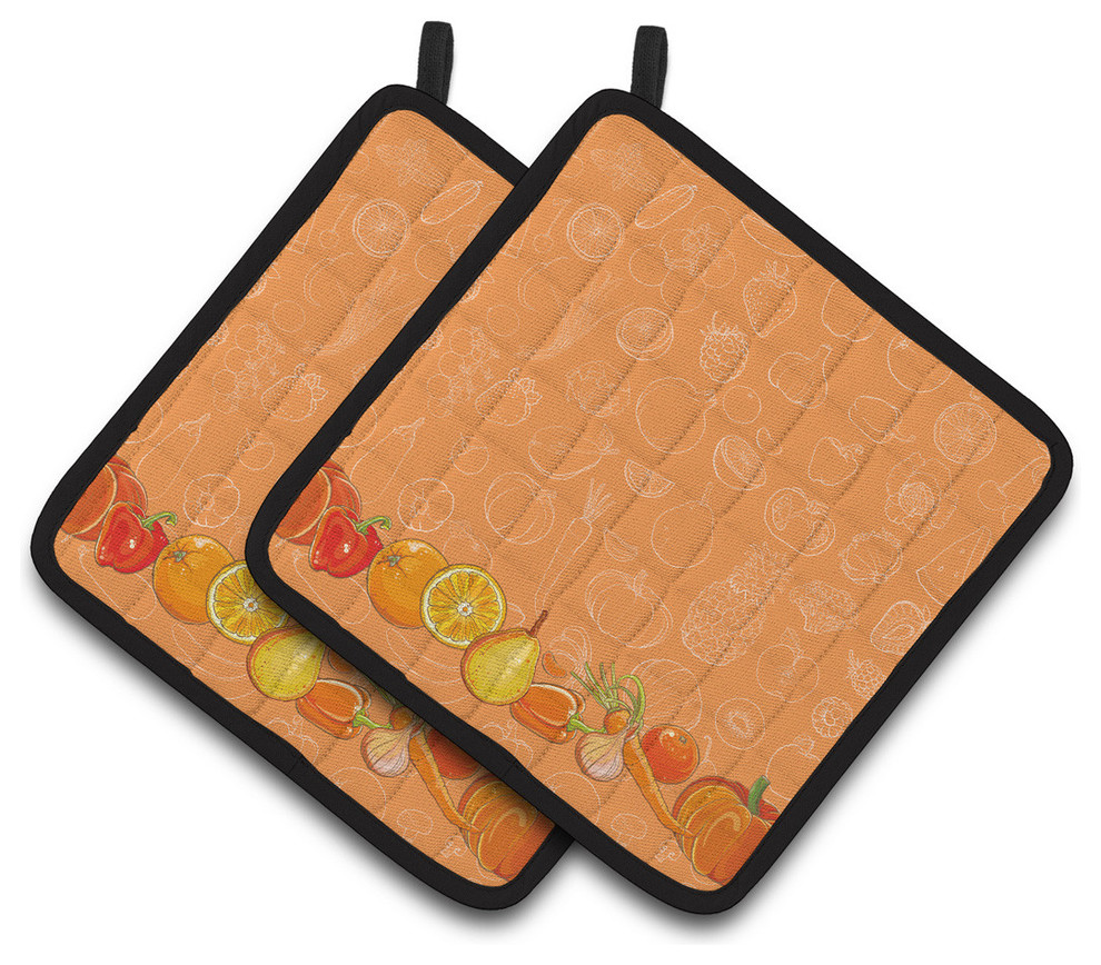 Fruits and Vegetables In Orange Pot Holders, Set of 2 Farmhouse