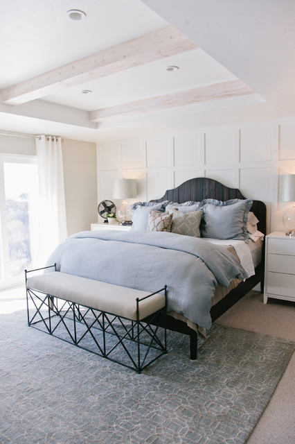 gray and white master bedroom - transitional - bedroom
