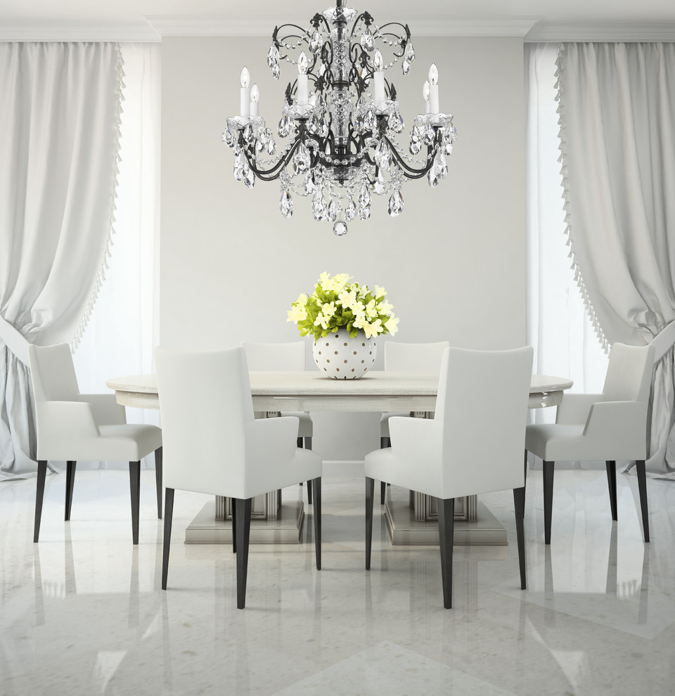 Mid-sized transitional dining room in New York with white walls, marble floors, no fireplace and white floor.
