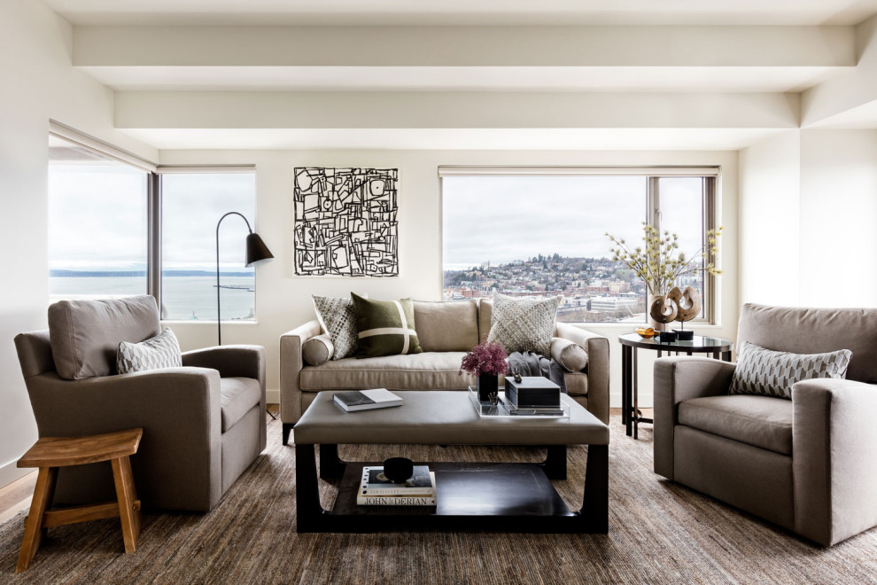 Photo of a large contemporary formal living room in Seattle with beige walls.