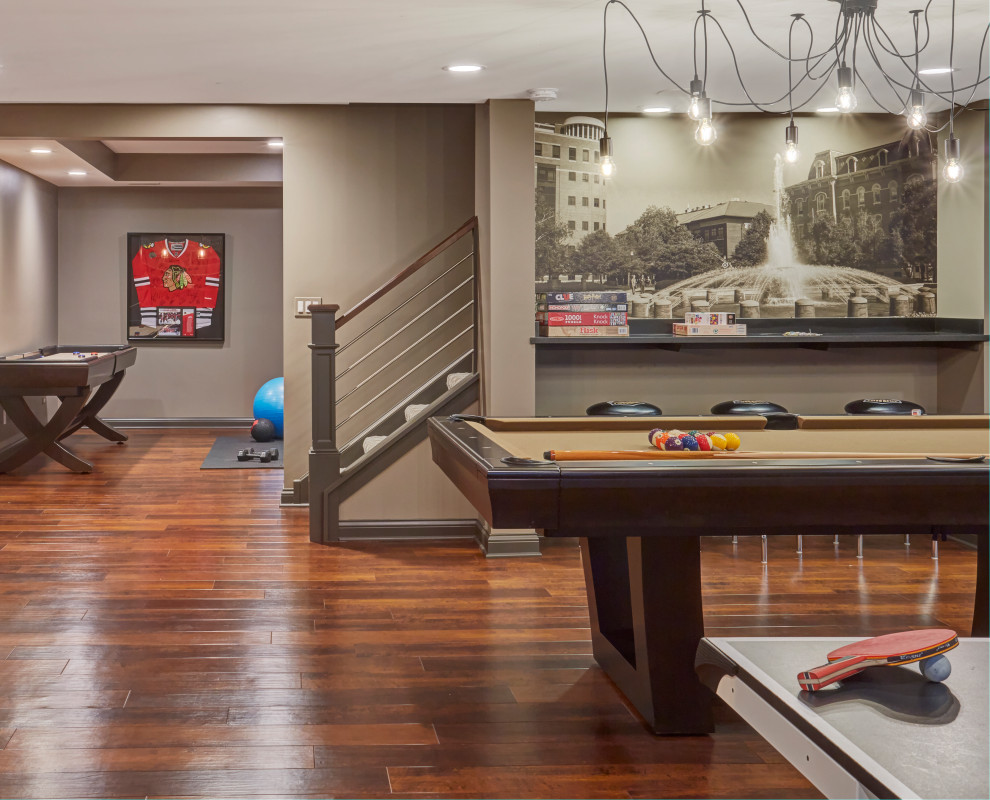 Inspiration for a transitional dark wood floor and brown floor basement remodel in Chicago with gray walls