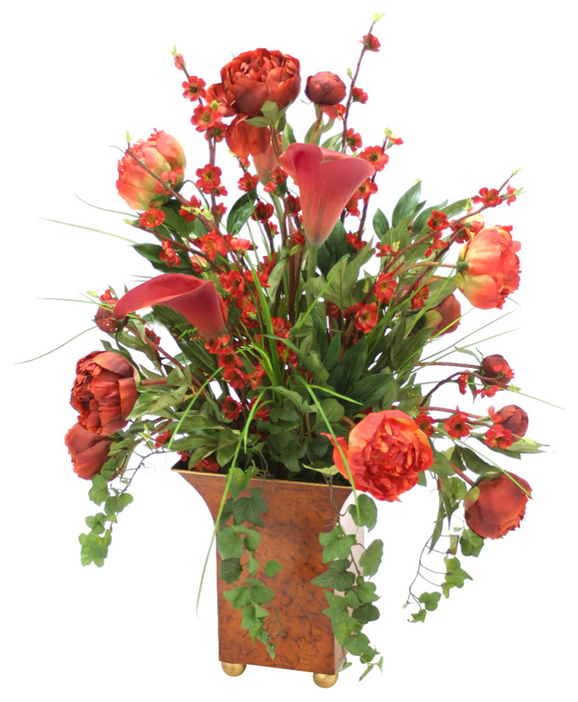 Rust Red Peonies, Calla Lillies, Ivy and Grass in A Large Square Tole Planter