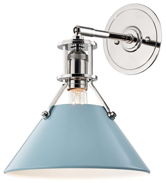Painted No.2 Wall Sconce, Polished Nickel, Blue Bird Shade