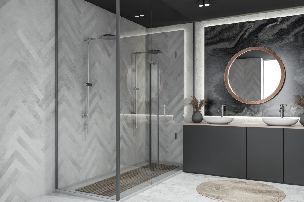 Inspiration for a master white tile and marble tile marble floor and double-sink freestanding bathtub remodel in San Francisco with flat-panel cabinets, gray cabinets, a wall-mount toilet, white walls, a vessel sink and a built-in vanity