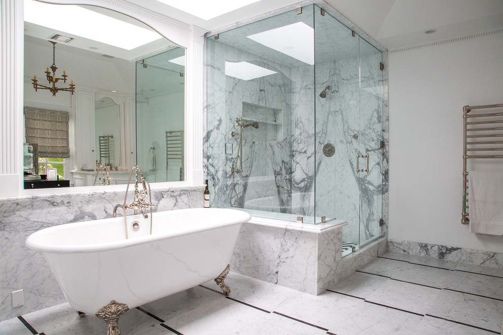 Design ideas for a large traditional master bathroom in Los Angeles with a claw-foot tub, white tile, white walls, marble benchtops, an open shower, marble floors and a hinged shower door.