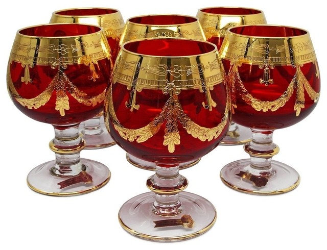Crystal Glass Set of 6 Wine Champagne  Glasses 8 oz Gold  Greek Key Design 