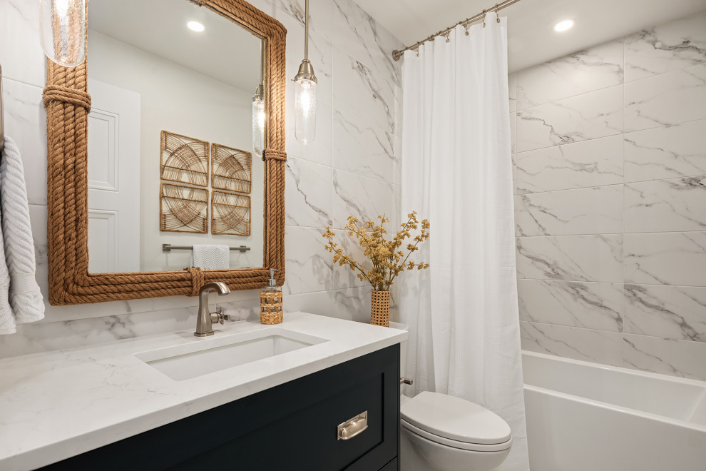 Inspiration for a transitional white tile and porcelain tile porcelain tile and white floor bathroom remodel in Seattle with shaker cabinets, green cabinets and a built-in vanity