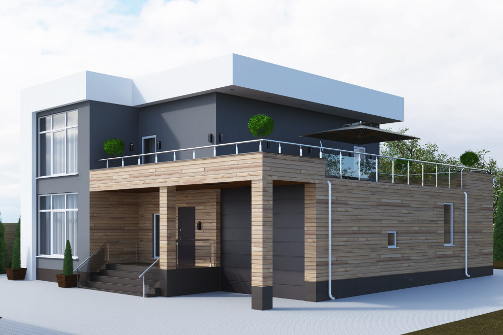 Contemporary two floor house exterior in Other with wood cladding.