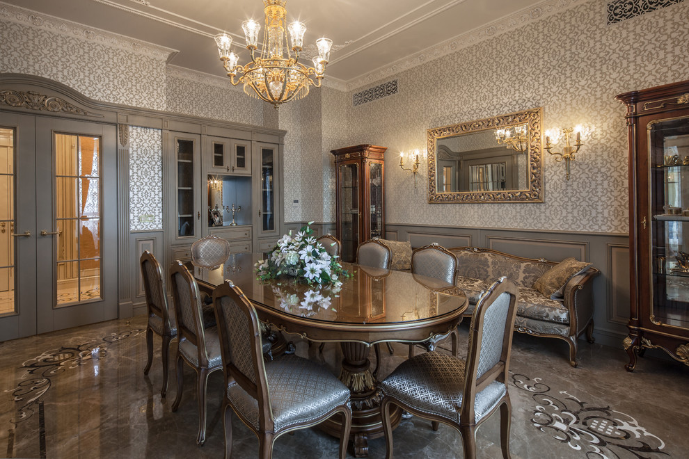 Example of an ornate enclosed dining room design in Moscow with gray walls