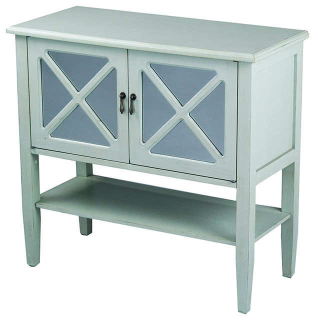 2-Door Console With Mirror Insert and Bottom Shelf, Seafoam Green