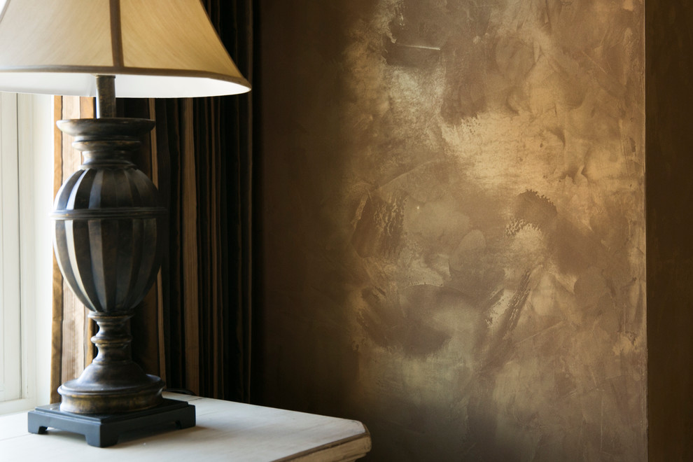 Elegant guest dark wood floor bedroom photo in Bridgeport with brown walls