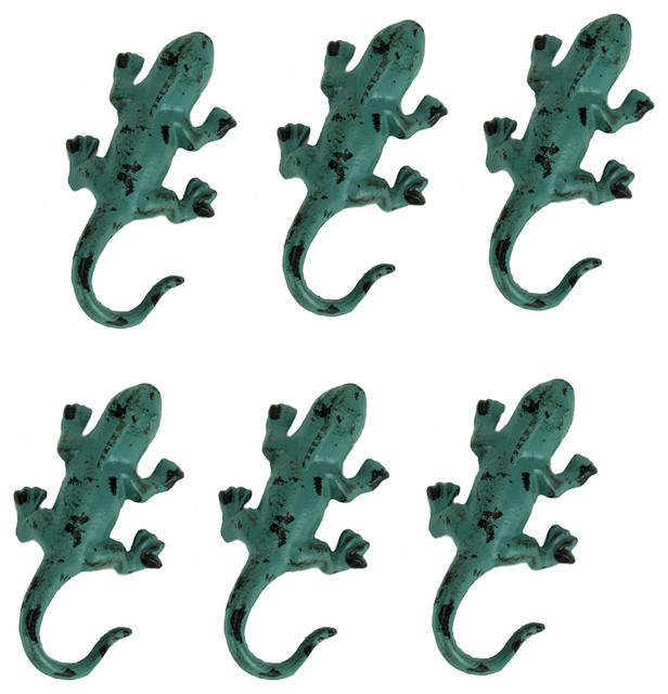 Distressed Green Metal Lizard Wall Hooks Set of 6