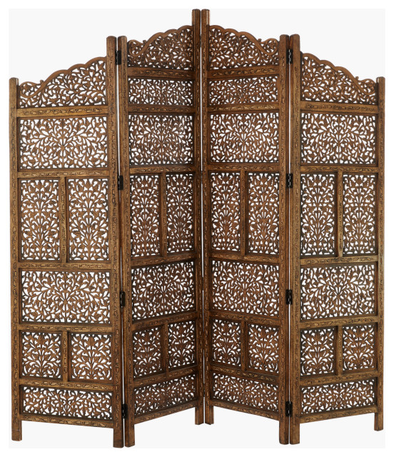 Large 4 Panel Brown Wood Screen Decorative Room Divider Traditional Screens And Room Dividers By Brimfield May