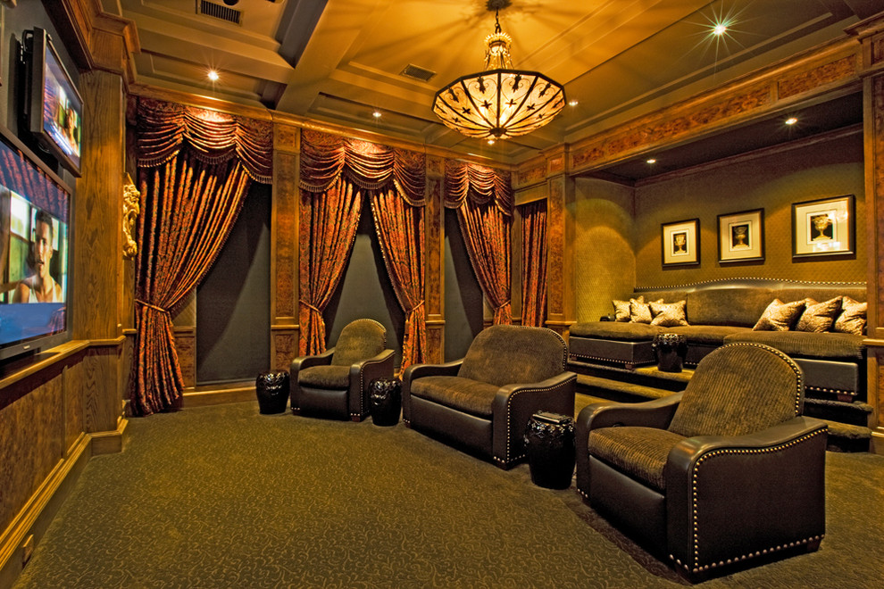 Photo of a mediterranean enclosed home theatre in Austin with green floor.