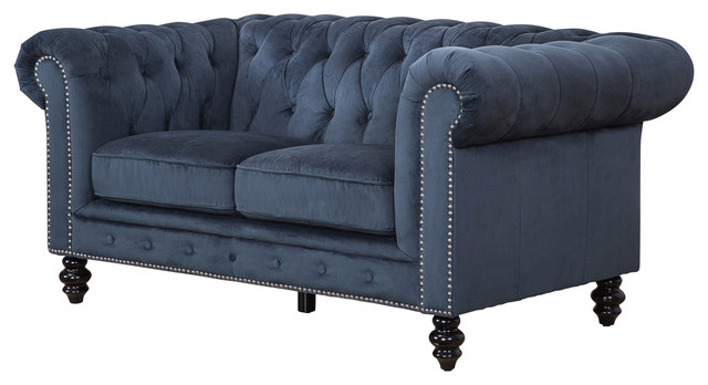 Central Chesterfield Velvet Loveseat, Blue - Traditional - Loveseats ...