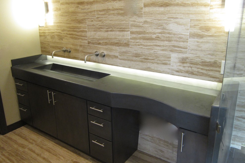 Inspiration for a large contemporary master bathroom in Other with an integrated sink, concrete benchtops and grey benchtops.