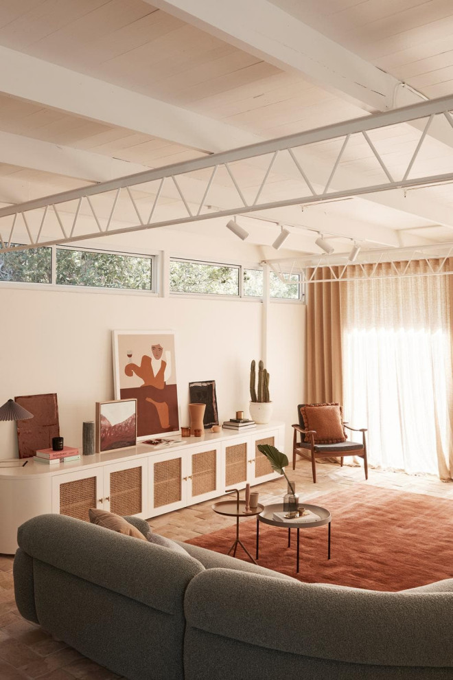 Photo of a medium sized retro open plan living room in Sydney with beige walls and a wood ceiling.