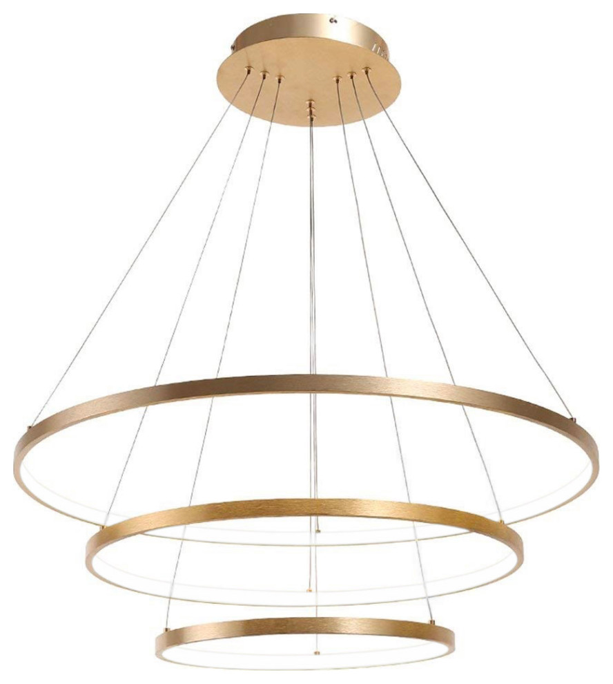 Brushed Gold 3Rings LED Circular Ceiling Pendant Light Modern