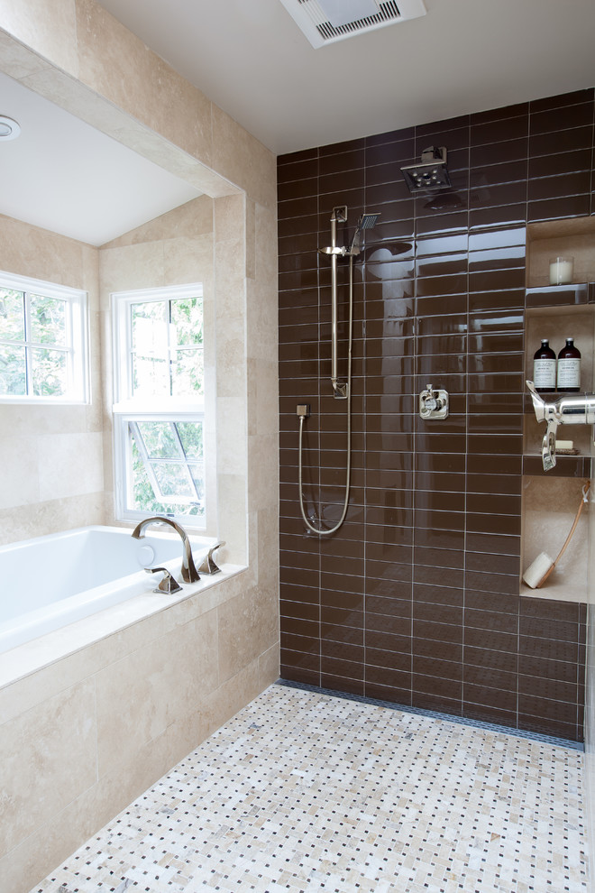 Inspiration for a small transitional master bathroom in DC Metro with an alcove tub, a curbless shower, beige tile, glass tile, brown walls and mosaic tile floors.