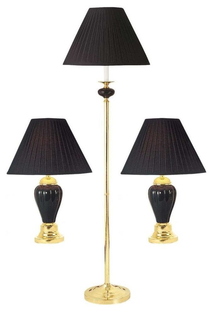 Ceramic/Brass Table And Floor Lamp Set of 3 In Black