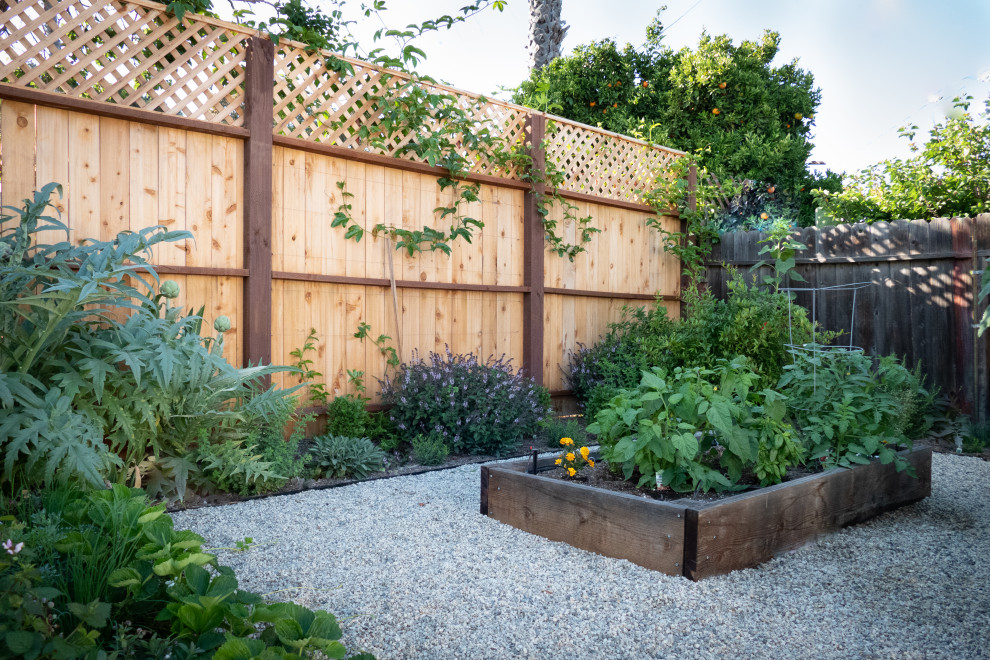 Foto di un giardino moderno esposto in pieno sole di medie dimensioni e dietro casa in primavera con ghiaia e recinzione in legno