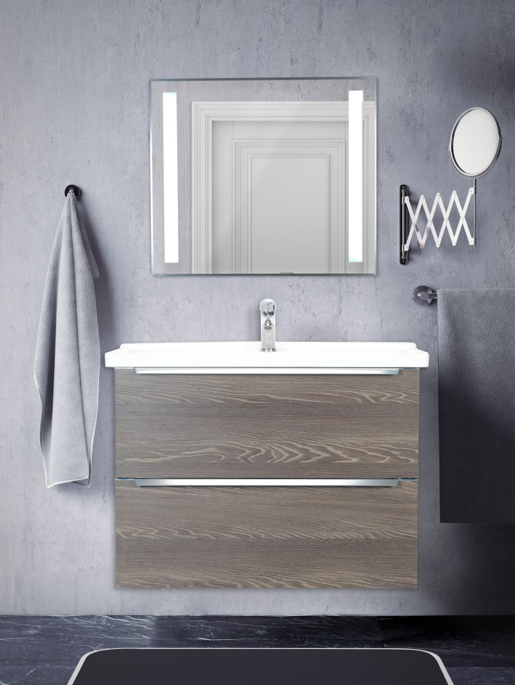 Idée de décoration pour une salle de bain minimaliste en bois clair de taille moyenne avec un placard en trompe-l'oeil, un plan de toilette en surface solide, un plan de toilette blanc, meuble simple vasque et meuble-lavabo suspendu.